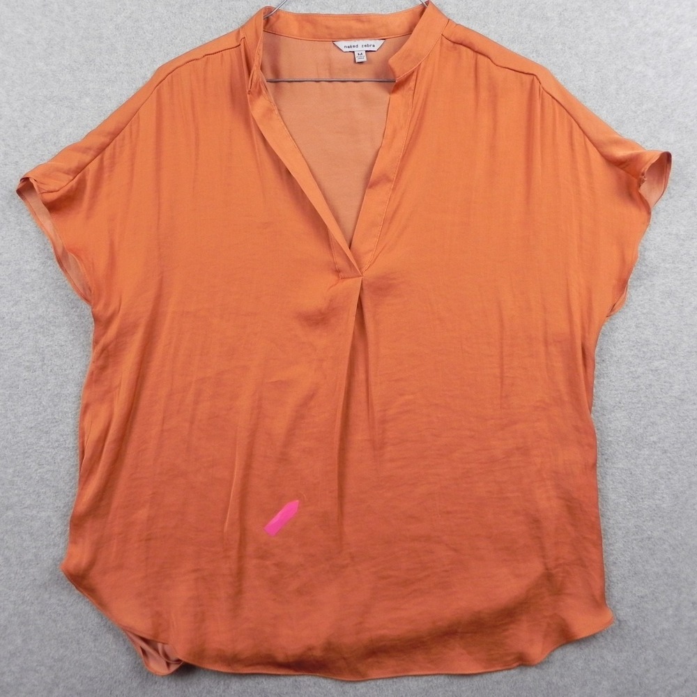 Naked Zebra Top Womens Medium Pleated V-Neck Blouse‎ Sheer Orange Short Sleeve